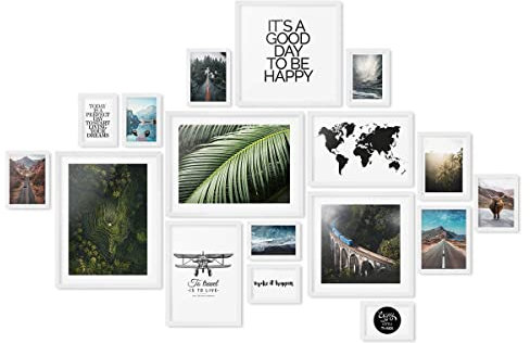 PHOTOLINI weiße Bilderrahmen Set verschiedene Größen, 17 Bilderrahmen weiß Holz MDF, Bilder Rahmen mit Acrylglas, Bilderrahmenset zum Aufhängen, Fotorahmen Set mit Zubehör für Fotos & Poster