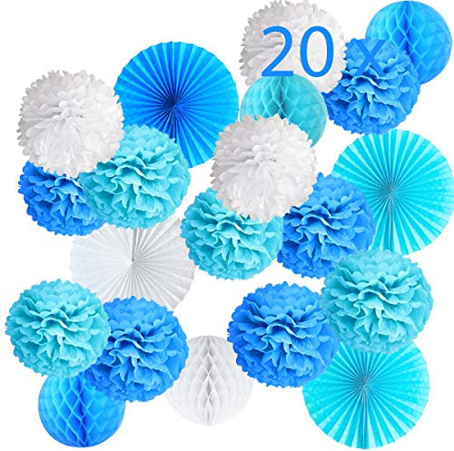 20er Blau Deko Seidenpapier Pompons, Dekorpapier Blumenpuscheln Papier, Rosetten, Fans Fächer, Papierfächer, Wabenbälle. Dekoration Taufe Junge Geburtstag Party Babyparty Baby Shower -20Stk-