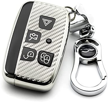 M.JVisun Sanft Kohlefaser Fertig Auto Schlüsselgehäuse für Land Rover Discovery 4/Sport Freelander 2 für Range Rover Evoque/Sport/Velar Galvanisieren TPU Fall Mit Metall Schlüsselanhänger - Silber