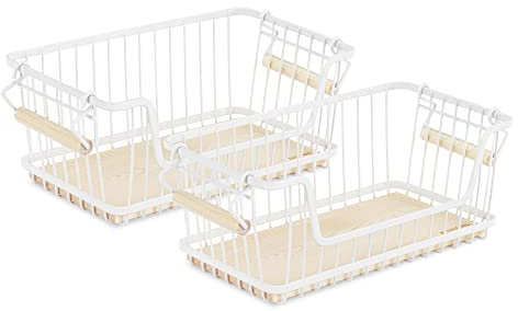 Navaris Cestas de metal apilables - Set de 2x cesta apilable de rejilla metálica con base de madera - Cestos de almacenaje 16,5 x 31 x 14 cm - Blanco