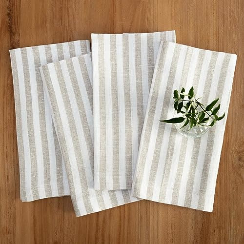 Solino Home Servietten aus Leinen gestreift,4er Set, natürliche und weiße Stoffservietten 50.8x50.8 cm,Amalfi Streifen, 100% reine europäische Flachs Leinen Servietten für Herbst, Weihnachten, Urlaub