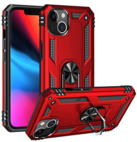 Mobile Stuff Case Compatible For iPhone 13 Mini 5.4-Inch with Magnetic Ring Holder, Military Grade Protective Silicone TPU Shockproof Hard Armour Phone Cover for iPhone 13 Mini [5.4 in ] (Hybrid Red)