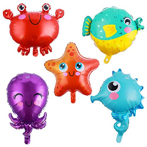 Prasacco Lot de 5 ballons en forme d'animaux marins, décorations de fête sous la mer, hippocampe, étoile de mer, poisson, crabe, pieuvre pour anniversaire sous l'océan