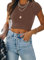 REORIA Damen einfarbiges T-Shirts kurzärmelig hochgeschlossen doppelt gefüttert eng anliegend Crop Tops Kaffee M
