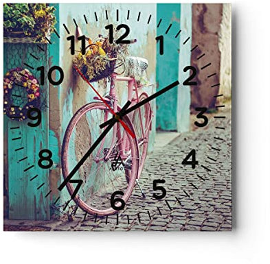 Modern Wanduhr Rosa Fahrrad Vintage 30x30cm Quadrat Klein Wand Uhr Glas Analog Zimmeruhren Küche Büro Wohnzimmer Glasuhr Wall Clock Dekoration Design Wanddekoration Küchenuhr C4AC30x30-4471