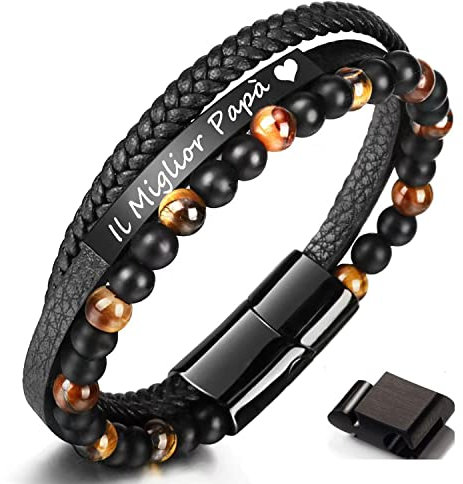 Jbniuay Armband Herren für Papa – Lederarmband mit Gravur für Männer – Geflochtene Magnetverschluss Armbänder für Herren zum Vatertag Vatertag