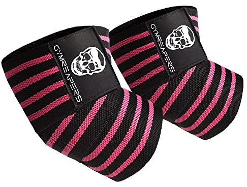 Gymreapers Gewichtheben, Ellenbogenbandage, flexibel, 101,6 cm, Ellenbogen-Kompressionsriemen und Gelenkbandage, für Bankdrücken, Powerlifting und Drücken (Rosa)