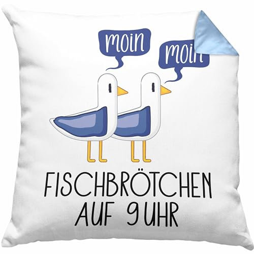 Trendation Fischbrötchen auf 9 Uhr Kissen mit Füllung 40x40 Moin Moin Geschenk Nordsee Norderney Sylt Ferhmarn Spruch Möwen (Blau)