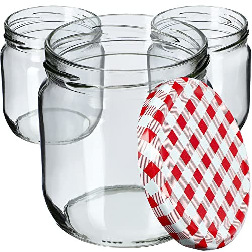 KADAX Lot de 48 pots à confiture avec couvercle à visser, 425 ml, bocaux de conservation pour confitures, confitures, miel (rouge à carreaux)