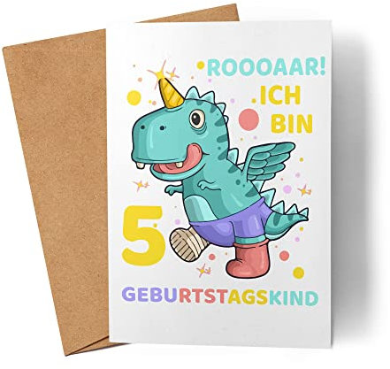 Geburtstagskarte 5 Jahre Junge Dinosaurier Dino T-Rex 5. Geburtstag Karte für Jungs
