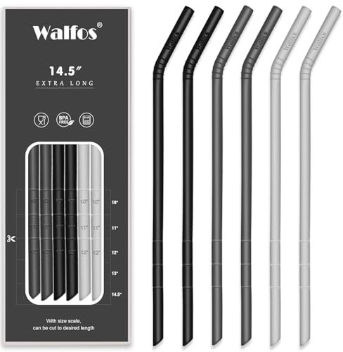 WALFOS Extra lange, wiederverwendbare Silikon-Trinkhalme, 36,8 cm, große Größen, flexibel, biegsam, für große Wasserflaschen, 128, 75, 64, 1134 ml, mit Reinigungsbürste (6er-Pack)