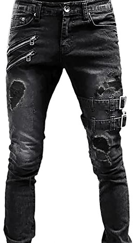 Jean déchiré pour homme - Délavé - Jambe fuselée - Fermeture éclair - Sangle à boucle - Style hip-hop gothique punk - Coupe ajustée - Coupe ajustée - Pour moto et motard, Noir , XL