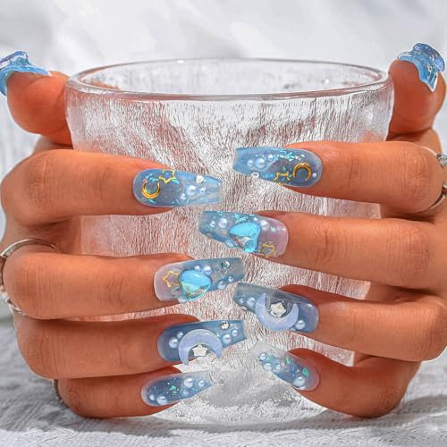 Sethexy Blue Rhinestone Handmade Fake Nail 3D Crystal Long Coffin False Nails Pearl Gradient Press on Nail Salon Durable Nails Metallic for Women and Girls (4)