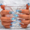 Sethexy Strass Blau Langer Sarg-Kunstnagel 3D-Mondherz Perlenverlauf Handgefertigte Nagelpresse Kristalle Falsche Nägel mit Metallzubehör für Frauen und Mädchen