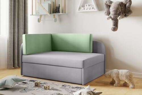 Kaiser Möbel, Kinder Bett, Kindersofa mit Schlaffunktion, Bett Winnie, mit Bettkasten, Einzelbett Kinder Bett, Mädchen Junge, Kinderzimmer, Schlafzimmer, Grau-Grün Rechts