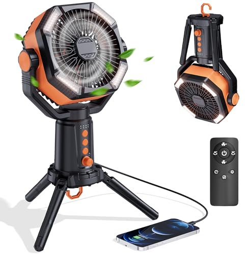 MORIKO Table Fans Tripod, 20000mAh Rechargeable Battery Operated Portable Tent Fan with LED Lantern, Remote Control, Hook, 270° Pivot, Stepless Speed-Ideal for Camping, Picnic, Barbecue, Jobsite