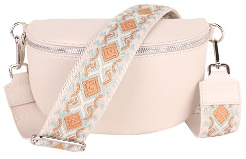 MIRROSI® Bauchtasche Damen, Echtleder, Made in Italy, Umhängetasche, Brusttasche, Crossbody Bag (1 Tasche & 2 Gurte) (Beige (Rauten Beige Green), Große Tasche (28x18x9cm))