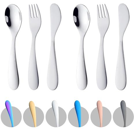 Children Cutlery Metal, 6 Pcs Stainless Steel Kids Flatware Set with Knife/Fork/Spoon, Todler Silverware Healthy & Mirror Polished, Dishwasher Safe (Silver*2)