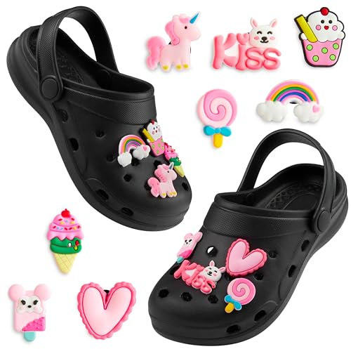 CityComfort Sabot de Jardin Fille, Chaussure Enfant avec Charmes à Clipser (Noir/Rose, 33/34 EU)