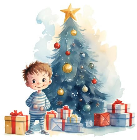 adrium Acryl-Bild 70 x 70 cm: Netter kleiner Junge mit Geschenkboxen in der Nähe des Weihnachtsbaums. Aquarellillustration (211495715)