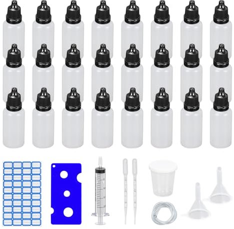 Dondeen 24 Stück Tropfflasche 30ml,Plastikflaschen Reiseflasche Quetschflaschen LiquidFlaschen,Trichter Messbecher Etiketten Transfer Pipette Spritzen für Liquids (30ml)