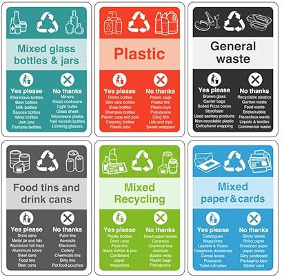 Recycling signs complete pack of 6 essential for recycling bins - 1.2mm Rigid plastic for indoor/outdoor usage (200mm x 150mm) Viewing Distance within 5m.