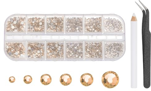 QUARKZMAN Ensemble de Strass Plats Ronds, 6 Tailles de Diamants en Cristal Plat en Verre avec Pincettes et Stylo de Prélèvement pour Nail Art, Maquillage, Artisanat, Tissu, Or Champagne