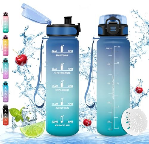 Vikaster Water bottle, Gourde 0.5L, sans BPA, Étanche & Réutilisable, Bouteille d'eau avec Marqueur de Temps et Filtre, Convient Pour la Enfant & Adulte, Gym, Yoga, Camping, Sport, Gourde Randonnée