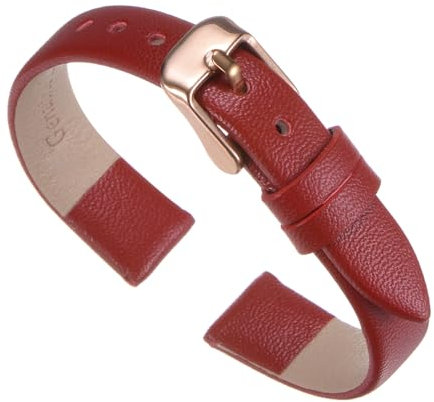 QUARKZMAN Bracelet de Montre en Cuir Véritable à Dégagement Rapide Rouge de 12 mm de Largeur Plat et Fin Élégant Bracelet Montre Connectée en Cuir avec Boucle en Or Rose pour Homme et Femme