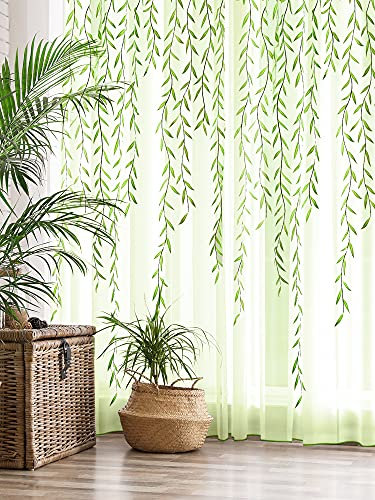 Breling Willow Voile Curtains Cute Green Sheers Leaf Tulle Vine Window Sheers Ivy Pretty Curtain for Living Room Bedroom Window Door Balcony(2 Pieces,39.4x94inch)