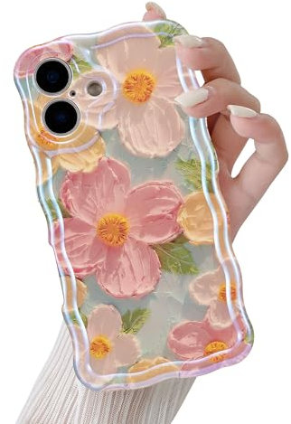 QLTYPRI Case for iPhone 16, Laser Colorful Retro Oil Painting Flower Pattern Cute Curly Wave Frame Exquisite Phone Case for Girls Women, Shockproof TPU Protective Phone Cover for iPhone 16 - Green