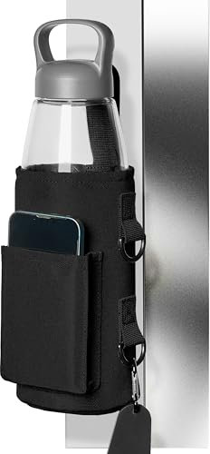 TINDERDRY Magnetic Gym Bag Magnetic Water Bottle Holder Gym Water Bottle Carrier Pouch with Phone Pocket Silicone Towel Buckle and Sling for Easy Attachment to Metal Exercise Equipment (Black)