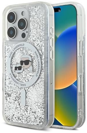 CG MOBILE Karl Lagerfeld Magsafe Liquid Glitter Hard Case mit Karl & Choupette Kopf für iPhone 16 Pro Max, Fallschutz, Stoßdämpfung, Präzisionsausschnitte, Sparkling Glitter Design - Transparent