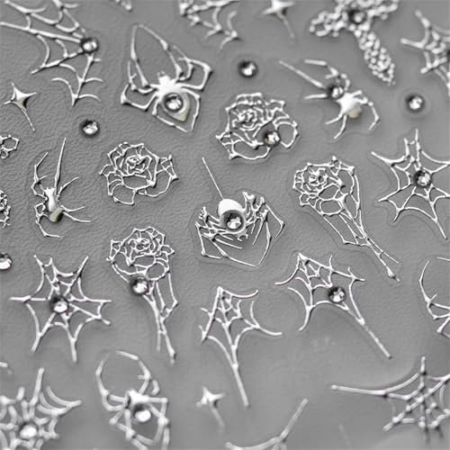 5D Embossed White Skeleton Nail Decals for Women Girls DIY Art Self-Adhesive Decoration Supplies - Halloween Scary Skulls Spider Ghost Stickers (Silver Spider Web)