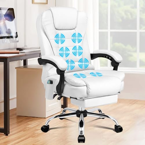 ALFORDSON Bürostuhl mit Massagefunktion, ergonomisches Design mit großer Sitzpolsterung, Lendenwirbelstütze, Rollen, für reibungslose Mobilität im Büro, Schneeweiß