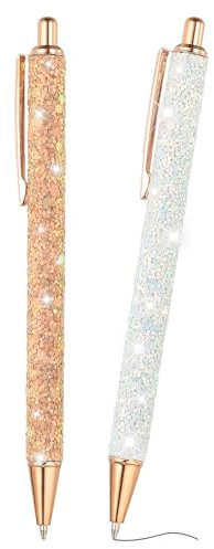 PATIKIL Glitter Ballpoint Pen, 2Pcs Sparkly Fancy Glitter Pen Retractable Press Metal Journaling Writing Pens Black Ink for Women Girls Office Birthday, Rose Gold White