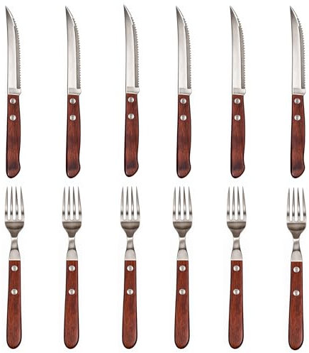 Cubiertos carne acero inoxidable madera 12 uds con cuchillos carne 6 uds y 6 uds de tenedores de carne