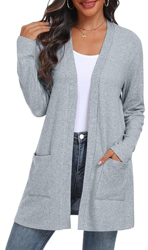 QIXING Women's Cardigan Open Front Lightweight Long Sleeve Casual Sweater Cardigan with Pockets for Autumn Winter (Dusty Blue, L)