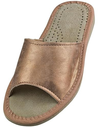 APREGGIO Pantofole da Donna in Pelle con Effetto Metallico Oro Rosa – Eleganti Ciabatte in Vera Pelle per la Casa, Misura 37 EU