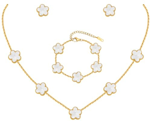 TempBeau Kleeblatt Schmuckset Damen mit Halskette, Armband und Ohrringen | Halskette, Armband und Ohrstecker im Kleeblatt Design, Wendeanhänger, Geschenkbox