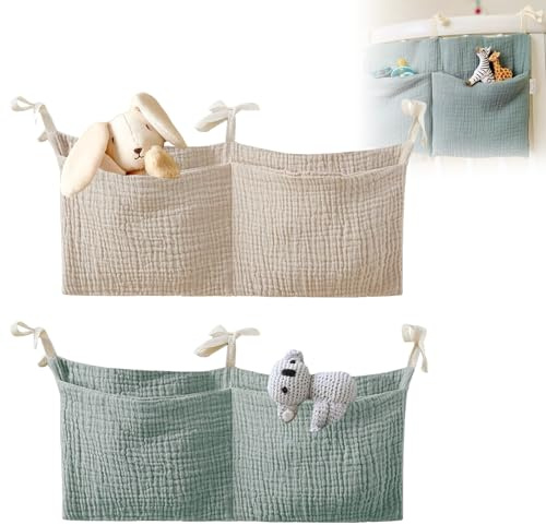2 Stücke Babybett Organizer Hängend, 2 in 1 Babybett Aufbewahrungstasche Baby Kinderzimmer Organizer Aufhängen Babybett Verstellbarer Organizer Für Betten Windeln Kleidung Spielzeug(Bohnengrün+Khaki)
