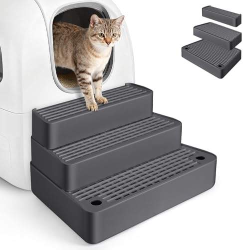 Bartuke Verstellbare 3-stufige Katzentoilettenrampe, Katzen Treppen & Stufen mit Filterfunktion, leicht zu reinigender Tiertreppe für ältere Katzen Automatische Katzenmüllbox (Dunkelgrau)
