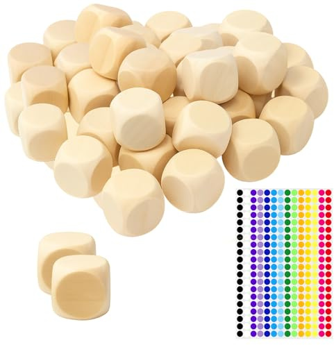 50 Stück 2cm Holzwürfel Blanko, DIY Holz Würfel mit 280 Punktaufklebern | Wooden Dice zum Beschriften, Unbemalte Holzwürfel für DIY Bastelprojekte, Dekoration und Geschenkideen