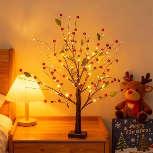 Red Berry Blossom Tree with Lights, 24 LED Rote Beeren Blütenbaum, Rot Beerenbaum Weihnachten Beleuchtet, Vintage Lichterbaum Innen Weihnachtsdeko mit verstellbaren Zweigen für Hause (Rot)