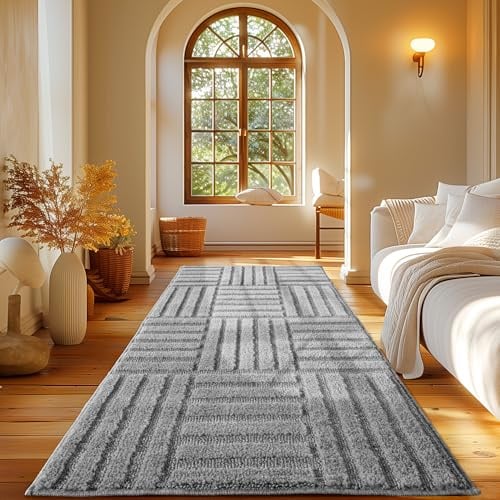 Carpetsale24 Teppich Läufer 80x250 cm Grau Hochflor Skandi Boho Karo Design Hoch-Tief Effekt Weicher Shaggy Langflor Flauschig Robust Pflegeleicht Modern für Schlafzimmer, Flur