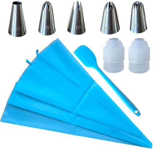 11-Piece Piping Bags and Tips Set, 3 Reusable Silicone Pastry Bags (18″ & 16″), 5 Stainless Steel Icing Tips, 2 Large Couplers, Mini Spatula for Cake Decorating