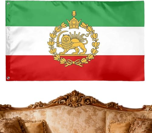 SVCEQZE Iran Flagge Löwe, 150x90cm Iranische Royal Löwe Fahne, Alte Historische Iran-Flagge Mit Löwes Und Krone, Sonnenflagge Persien Für Garten Innen- Außenbereich