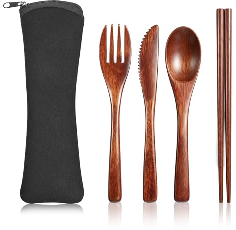 Reusable Wooden Cutlery Set with Case, 4 PCS Portable Wooden Travel Utensils - Spoon Fork Knife Chopsticks for Eating, Sturdy Wood Flatware Set Eating Utensils Sets for Work, Travel, and Camping