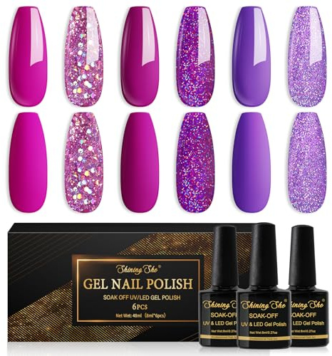Shining She Gel Nail Polish Purple Glitter, 6 Colors Lavender Glitter Violet Rose Sparkle Hot Pink Purple Shimmer Magenta Gel Polish Kit Soak-Off UV/LED Nail Polish for Nail Art Salon DIY at Home, 8ML