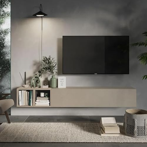 Totò Piccinni Mobile Porta TV Sospeso MODULA, Parete Attrezzata Moderna con Pensile a Ribalta e 2 Cubi a Giorno, Versatile per Soggiorno e Ingresso, 194 x 29 x 28 cm (Argilla)